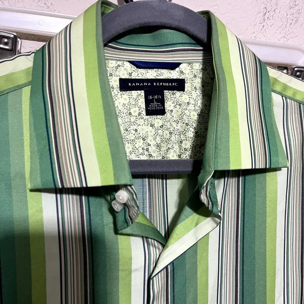 Banana Republic Green Stripe Dress Shirt button up flip contrast cuffs L 16/16.5